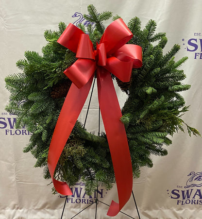 24" Noble Fir Wreath, Plastic Ribbon and Easel
