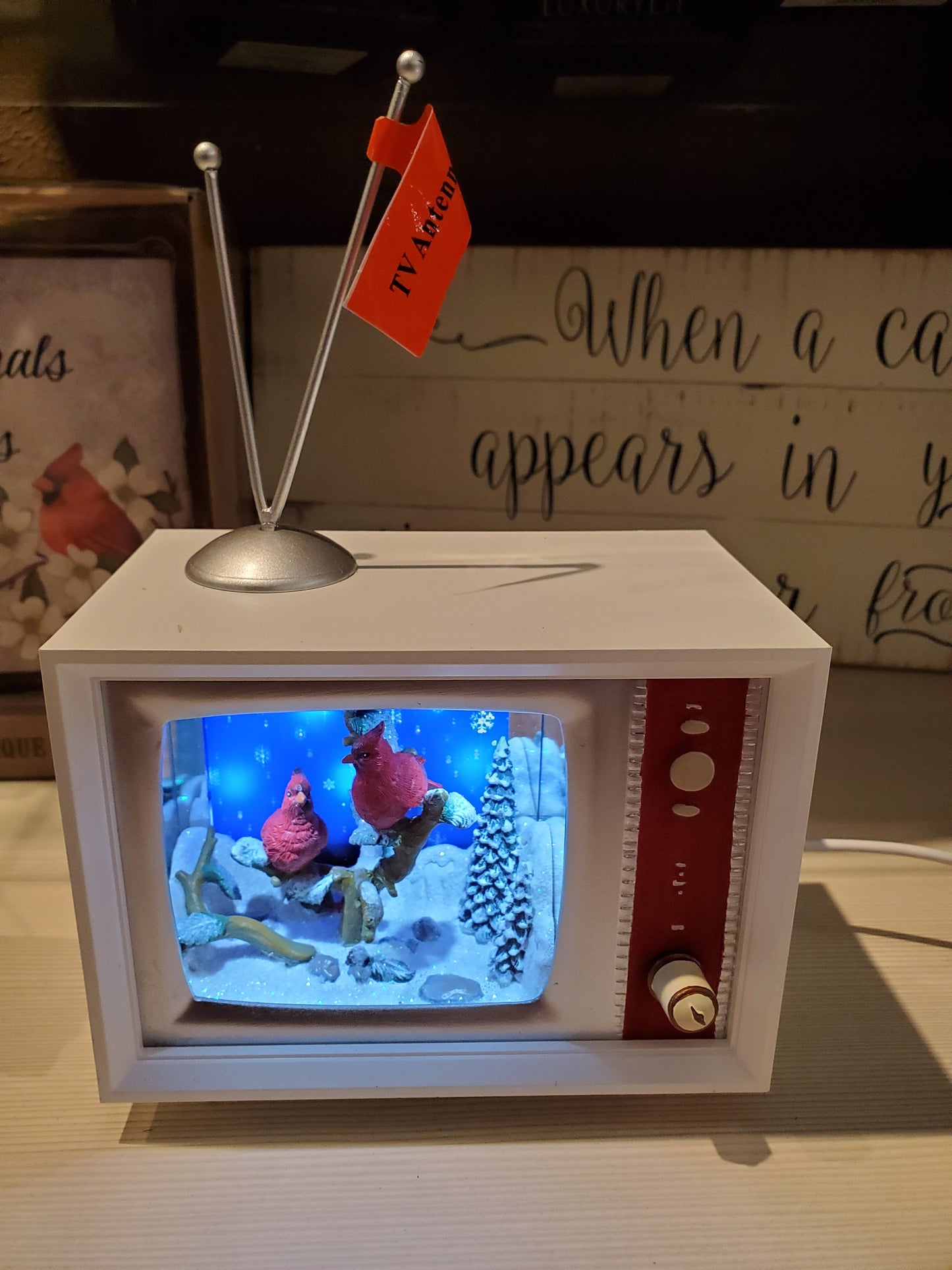 LED WHITE TV WITH CARDINAL SNOWFALL MUSICAL BOX
