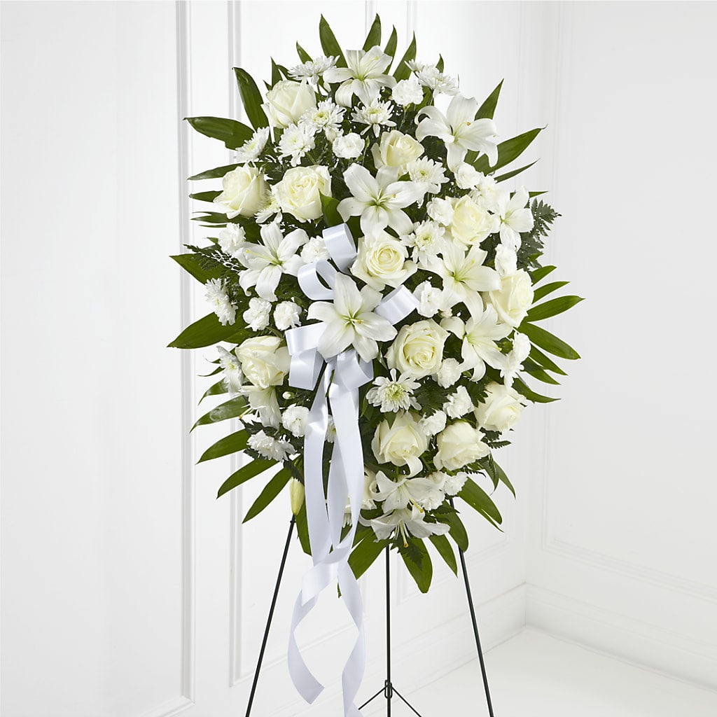 Exquisite Tribute Standing Spray-White Ribbon – SWAN FLORAL & GIFT SHOP INC, Erlanger KY