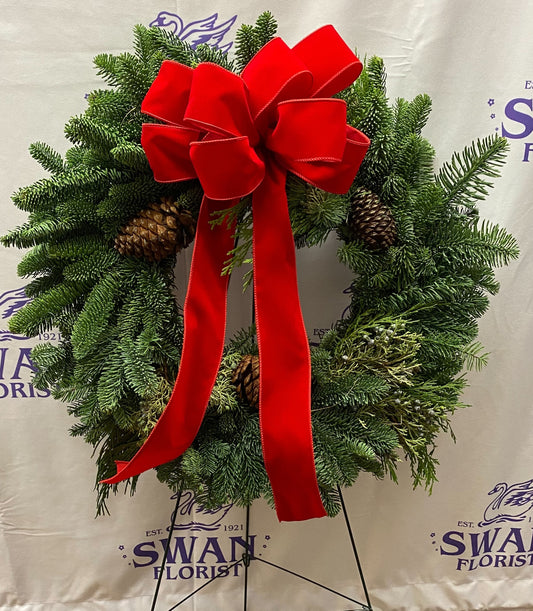 24" Noble Fir Wreath, Plastic Ribbon and Easel